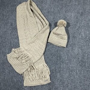 Bebe Tan Beige Cable Knit Scarf and Pom Beanie Hat Set OSFM Fringe‎ Logo